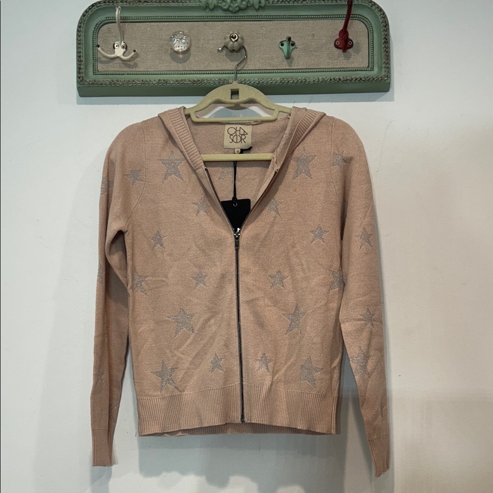 Chaser Cream Rose Metallic Silver Star Cardigan zip up sweater hooded medium new